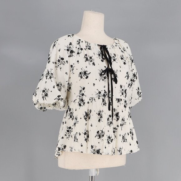 ENGLISH FACTORY Flower Printed Puff Sleeve Tie Front Top Blouse Size S - Picture 4 of 9